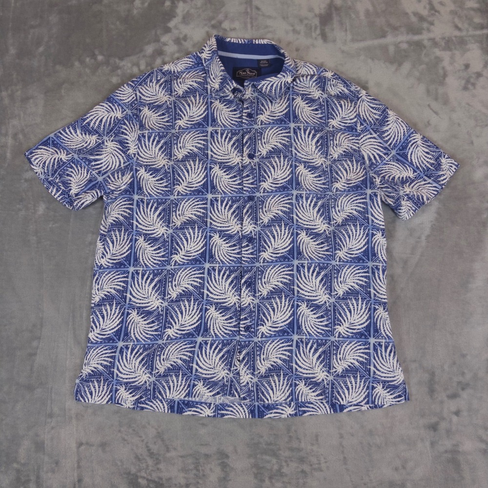 Nat Nast Button Up Shirt Mens Large Blue Silk Cotton Palm Print Short Sleeve